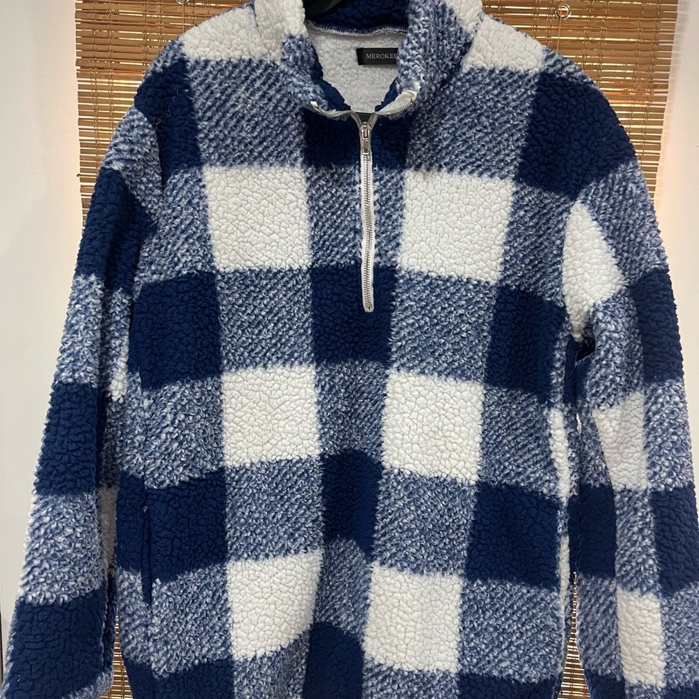 Men's Blue and White Checkered Sweater